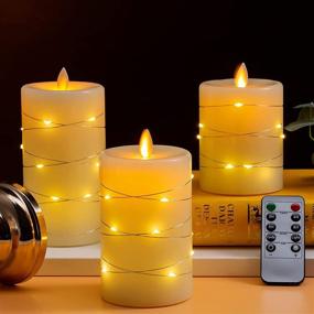 img 2 attached to 🕯️ Set of 3 Flameless Real Wax Ivory Candles with Remote Control and Timer - String Lights, Dancing Top Flat Wick, Size D: 3'' x H: 4'' 5'' 6'', Flicker, Dimmer, Battery Operated (2 AA Batteries Not Included)