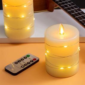 img 1 attached to 🕯️ Set of 3 Flameless Real Wax Ivory Candles with Remote Control and Timer - String Lights, Dancing Top Flat Wick, Size D: 3'' x H: 4'' 5'' 6'', Flicker, Dimmer, Battery Operated (2 AA Batteries Not Included)