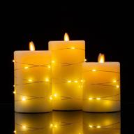 🕯️ set of 3 flameless real wax ivory candles with remote control and timer - string lights, dancing top flat wick, size d: 3'' x h: 4'' 5'' 6'', flicker, dimmer, battery operated (2 aa batteries not included) логотип