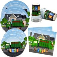 🚛 trash truck party supplies: complete tableware set - 24 9" paper plates, 24 7" plates, 24 9 oz cups, 50 lunch napkins - perfect for waste management, recycling bin themed disposable birthday dinnerware decoration logo