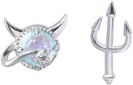 👹 tiny cute devil stud earrings: stylish 925 sterling silver hypoallergenic asymmetrical crystal moonstone monster post for women and girls – perfect gift for christmas, halloween and parties logo