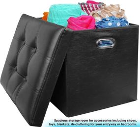 img 1 attached to 🪑 Versatile Black Tufted Ottoman Stool: Collapsible Storage Box with Faux Leather Seat and Foot Rest by Greenco