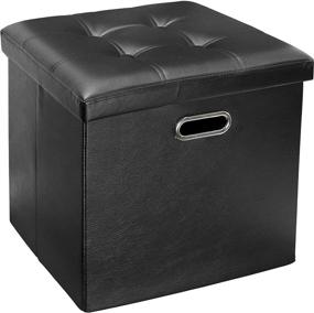 img 4 attached to 🪑 Versatile Black Tufted Ottoman Stool: Collapsible Storage Box with Faux Leather Seat and Foot Rest by Greenco