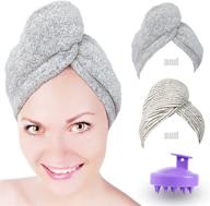 🧖 ultra absorbent microfiber hair towel set for women & girls with hair shampoo brush scalp massager - ideal for long, curly, and thick hair - pack of 3 (stripe & gray) logo