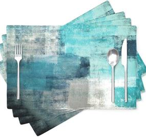 img 4 attached to 🎨 Abstract Art Painting Placemats, Turquoise and Grey Modern Artwork Dining Placemats - Colorful Home Kitchen Decorations, 18 x 12 Inches