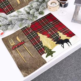 img 3 attached to 🎄 Bligli Christmas Table Runner and Placemat Set, 4pcs Xmas Table Mats and 1pcs Table Runner, Cotton Linen Heat Insulation Kitchen Dining Pads for Christmas Decorations