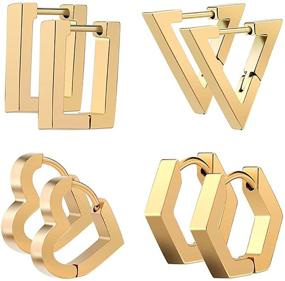 img 4 attached to ✨ SUNS Hoop Earrings: 14K Gold Plated Triangle Heart Irregular Graphics - 4 Pairs of Stainless Steel Earrings