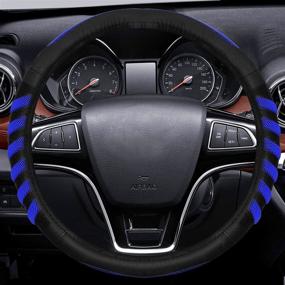 img 1 attached to 🚗 NICEASY Universal 15 inch Sport Style Black Leather Steering Wheel Cover with Blue Grip - Upgrade Your Driving Experience!