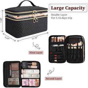 img 3 attached to 👜 KIPBELIF Large Travel Makeup Bag - Dual-Layer Makeup Case Organizer with Carry Handle, Cosmetic Bag with Brush Compartment, Tweezers, Eyeliner Storage, Black