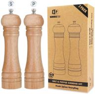 set of 2 refillable salt and pepper grinders with ceramic grinding core - wooden manual spice mills, adjustable coarseness - perfect for home kitchen, dining room, restaurant (tall) logo