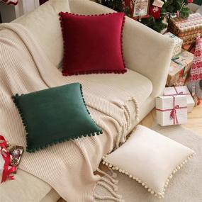 img 1 attached to MIULEE Set of 2 Square Decorative Throw Pillow Covers with Cute Pom-poms Soft Velvet Christmas Farmhouse Cushion Covers for Couch Sofa Bedroom Decor Outdoor 20 x 20 Inch Dark Green