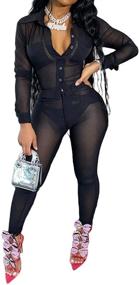 img 4 attached to 👗 Uni Clau Women's Sheer Mesh Jumpsuit Two-Piece Set: Long Sleeve Blouse & See-Through Skinny Pants | Clubwear Catsuit