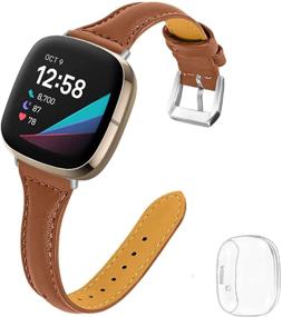 img 4 attached to 👩 Joyozy Thin Leather Bands: Clear Screen Protector for Fitbit Sense/Versa 3 – Professional, Chic Wristband Strap Replacement for Women and Men (Brown)