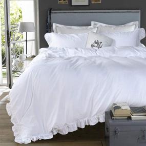 img 4 attached to 🛏️ Vintage Aesthetic French Country Queen Bed Set - QSH White Ruffle Duvet Cover Queen, 100% Washed Cotton Farmhouse Shabby Boho Chic Comforter Quilt Cover, Extra Soft & Breathable 3-Piece Bedding.