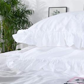 img 2 attached to 🛏️ Vintage Aesthetic French Country Queen Bed Set - QSH White Ruffle Duvet Cover Queen, 100% Washed Cotton Farmhouse Shabby Boho Chic Comforter Quilt Cover, Extra Soft & Breathable 3-Piece Bedding.