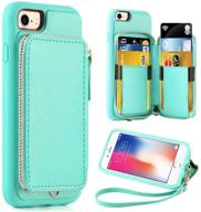 📱 zve wallet case for apple iphone 8 and iphone 7, 4.7 inch, blue zipper wallet case with credit card holder slot handbag purse wrist strap protective case for iphone 8/7/se(2020), 4.7 inch logo