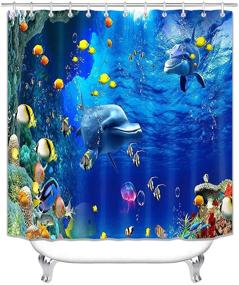 img 3 attached to 🐬 4-Piece OLEBETY Cute Dolphin Shower Curtain Set with Tropical Fish, Jellyfish, Coral, Seaweed - Marine Life Ocean Animal Bathroom Decor for Kids. Includes Fabric Bath Curtain, Non-Slip Bath Rug, Toilet Mat Carpet in Stunning Blue Seas