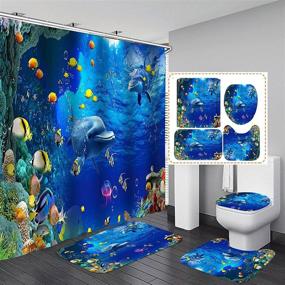 img 4 attached to 🐬 4-Piece OLEBETY Cute Dolphin Shower Curtain Set with Tropical Fish, Jellyfish, Coral, Seaweed - Marine Life Ocean Animal Bathroom Decor for Kids. Includes Fabric Bath Curtain, Non-Slip Bath Rug, Toilet Mat Carpet in Stunning Blue Seas