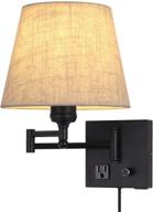 🛏️ enhance your bedroom with a versatile bedside wall mount light: swing arm fabric shade wall sconce light with integrated dimmable switch, outlet, usb port, and plug in cord - black wall lamp for sophisticated bedroom, living room and hotel décor логотип