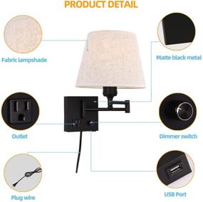 img 2 attached to 🛏️ Enhance Your Bedroom with a Versatile Bedside Wall Mount Light: Swing Arm Fabric Shade Wall Sconce Light with Integrated Dimmable Switch, Outlet, USB Port, and Plug in Cord - Black Wall Lamp for Sophisticated Bedroom, Living Room and Hotel Décor