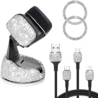 📱 bling crystal rhinestone car phone holder mount with additional air vent base, usb 3-in-1 multi charging cable, and 2 car decor button rings - silver bling car accessories for women logo