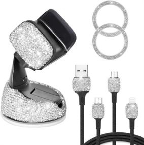 img 4 attached to 📱 Bling Crystal Rhinestone Car Phone Holder Mount with Additional Air Vent Base, USB 3-in-1 Multi Charging Cable, and 2 Car Decor Button Rings - Silver Bling Car Accessories for Women