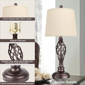 img 1 attached to 🔌 Set of 2 Touch Control Table Lamps - 3-Way Dimmable Bedroom Lamp with USB Port - Bedside Nightstand Lamp - Rustic Farmhouse Drum Shade - Spiral Cage Base Desk Lamp for Living Room - Daylight White 5000K