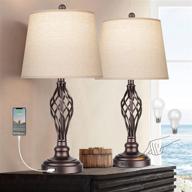 🔌 set of 2 touch control table lamps - 3-way dimmable bedroom lamp with usb port - bedside nightstand lamp - rustic farmhouse drum shade - spiral cage base desk lamp for living room - daylight white 5000k логотип