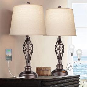 img 4 attached to 🔌 Set of 2 Touch Control Table Lamps - 3-Way Dimmable Bedroom Lamp with USB Port - Bedside Nightstand Lamp - Rustic Farmhouse Drum Shade - Spiral Cage Base Desk Lamp for Living Room - Daylight White 5000K