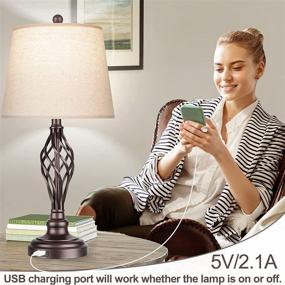 img 2 attached to 🔌 Set of 2 Touch Control Table Lamps - 3-Way Dimmable Bedroom Lamp with USB Port - Bedside Nightstand Lamp - Rustic Farmhouse Drum Shade - Spiral Cage Base Desk Lamp for Living Room - Daylight White 5000K