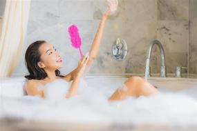 img 2 attached to Enhance Bathing Experience with DecorRack Bath Sponge: Long Handled Shower Loofah Brush for Exfoliation and Deep Cleaning, Rejuvenate Skin with 8” Curved Handle, Includes Long Mesh Pouf - Pink (1 Pack)