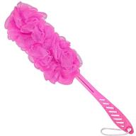 enhance bathing experience with decorrack bath sponge: long handled shower loofah brush for exfoliation and deep cleaning, rejuvenate skin with 8” curved handle, includes long mesh pouf - pink (1 pack) logo