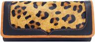 lw-1802 taj leopard ladies wallet - genuine leather book style, black with tan cowhide & jersey leopard print - 11 card slots, 1 card window, 4 slide pockets, 1 zip compartment pocket, 1 back silver metal zip pocket logo