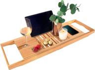 🛀 extendable bamboo wood bath tub caddy - premium luxury tray with adjustable reading rack for book, ipad, or kindle - wine glass holder - cellphone or tablet slot - updated logo