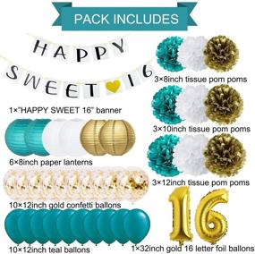 img 3 attached to 🎉 Teal Sweet 16 Birthday Decorations for Girls - Sixteen Birthday Supplies with Gold Confetti Latex Balloons, Tissue Pom Poms, and Happy 16th Birthday Party Supplies