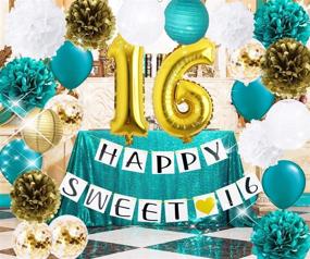 img 1 attached to 🎉 Украшения для 16-летия Teal Sweet для девочек - Предметы для шестнадцатого дня рождения с золотыми воздушными шарами с конфетти, тканевыми понпонами и праздничными припасами на 16-й день рождения