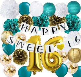 img 4 attached to 🎉 Украшения для 16-летия Teal Sweet для девочек - Предметы для шестнадцатого дня рождения с золотыми воздушными шарами с конфетти, тканевыми понпонами и праздничными припасами на 16-й день рождения