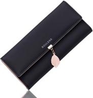 👛 roulens women's rfid blocking wallet with leaf pendant- pu leather card holder and phone checkbook organizer with zipper coin purse logo