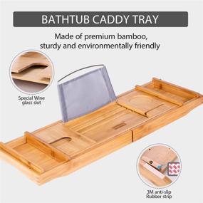 img 2 attached to 🛀 Enhance Your Bathing Bliss with VIVOHOME Expandable 43 Inch Bamboo Bathtub Caddy Tray - Smartphone Tablet Book Holders, Soap Tray, Wine Glass Slot & More!