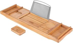 img 4 attached to 🛀 Enhance Your Bathing Bliss with VIVOHOME Expandable 43 Inch Bamboo Bathtub Caddy Tray - Smartphone Tablet Book Holders, Soap Tray, Wine Glass Slot & More!