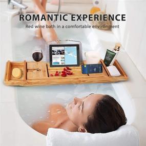 img 1 attached to 🛀 Enhance Your Bathing Bliss with VIVOHOME Expandable 43 Inch Bamboo Bathtub Caddy Tray - Smartphone Tablet Book Holders, Soap Tray, Wine Glass Slot & More!