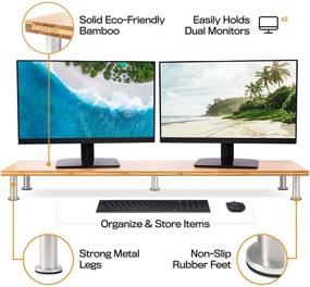 img 2 attached to 🖥️ Двойная подставка для монитора из бамбука - поддерживает экраны, принтеры, ноутбуки или телевизоры до 100 фунтов, идеальный органайзер для офисного стола и телестоек