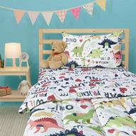 🦖 4 piece dinosaur theme toddler bedding set with quilted comforter, fitted sheet, flat top sheet, and pillow case - standard size bedding set, white logo