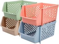 📦 yarlung - 4 pack plastic stackable storage baskets - semi open organizer shelf bins for snacks, toys & more - 4 colors, 15x10x7 inch logo