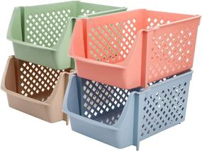 img 4 attached to 📦 Yarlung - 4 Pack Plastic Stackable Storage Baskets - Semi Open Organizer Shelf Bins for Snacks, Toys & More - 4 Colors, 15x10x7 Inch