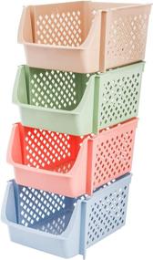 img 1 attached to 📦 Yarlung - 4 Pack Plastic Stackable Storage Baskets - Semi Open Organizer Shelf Bins for Snacks, Toys & More - 4 Colors, 15x10x7 Inch