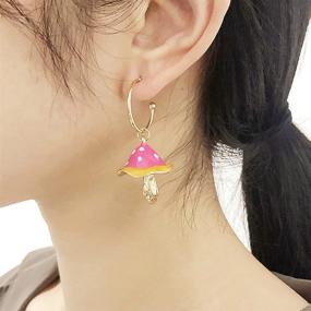 img 3 attached to 🍄 Cute Mushroom Dangle Earrings Gold Plated Enamel Food Half Hoop Dangling Stud Lifelike Creative Jewelry for Women Girls - Handmade Y2K Birthday Party Accessories