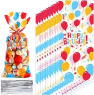 100-piece bright balloon print clear plastic cellophane candy goodie gift bags with silver twist ties for birthday party decorations logo
