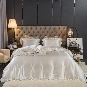 img 3 attached to 🛏️ Silky Satin White Ruffle Duvet Cover Set - Chic Boho Bedding with Fringe Design - Queen Size with 1 Duvet Cover and 2 Pillow Shams (White/Silver)