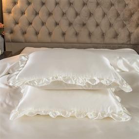 img 2 attached to 🛏️ Silky Satin White Ruffle Duvet Cover Set - Chic Boho Bedding with Fringe Design - Queen Size with 1 Duvet Cover and 2 Pillow Shams (White/Silver)